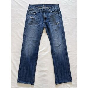 7 For All Mankind Men's Distressed 100% Cotton Blue Denim Straight Jeans 34W 32L